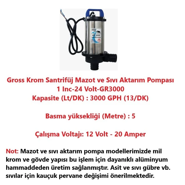 Gross Krom Santrifüj Mazot ve Sıvı Aktarım Pompası 1 Inc-24 Volt-GR3000 - Resim 2