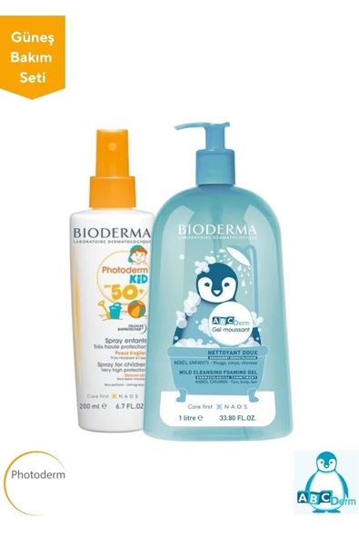 Güneş Bakım Seti | Photoder Kid Sprey 200 Ml - Abcderm Foaming Gel Temizleme Jeli 1 Litre