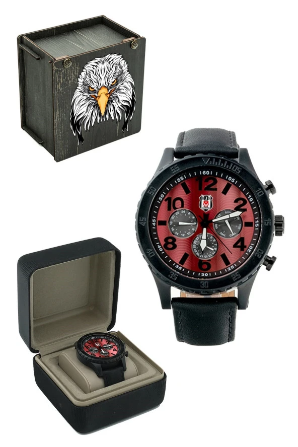 Beşiktaş Orijinal Erkek Kol Saati Siyah Deri Kordonlu Hediyelik Ahşap Kutulu