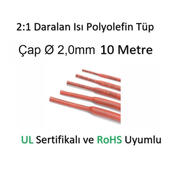 Polyolefin Isı Shrink Tüp 2:1 Daralan Makaron Boru Çap Ø2,0mm 10 x 1 Metre