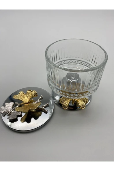 3'lü Ayaklı Gümüş Elysia Cam Magnolia Kasesi, Kelebek Kapaklı Dondurmalık, Şekerlik, Çerezlik - 5