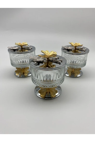 3'lü Ayaklı Gümüş Elysia Cam Magnolia Kasesi, Kelebek Kapaklı Dondurmalık, Şekerlik, Çerezlik