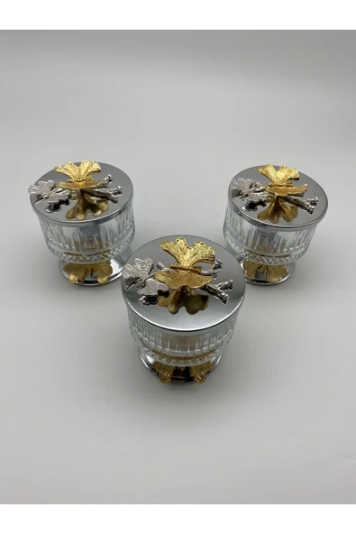 3'lü Ayaklı Gümüş Elysia Cam Magnolia Kasesi, Kelebek Kapaklı Dondurmalık, Şekerlik, Çerezlik - 2