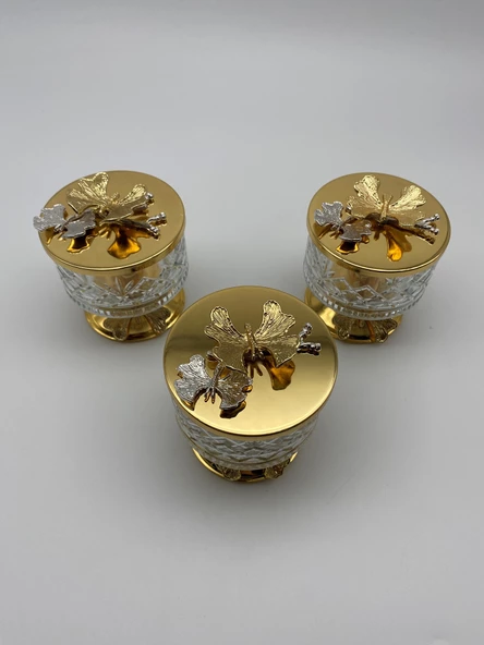 3'lü Ayaklı Gold Timeless Cam Magnolia Kasesi, Kelebek Kapaklı Dondurmalık, Şekerlik, Çerezlik - 2