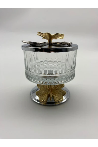 3'lü Ayaklı Gümüş Elysia Cam Magnolia Kasesi, Kelebek Kapaklı Dondurmalık, Şekerlik, Çerezlik - 4