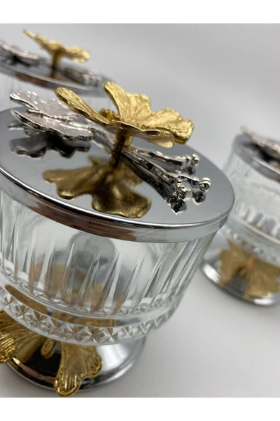 3'lü Ayaklı Gümüş Elysia Cam Magnolia Kasesi, Kelebek Kapaklı Dondurmalık, Şekerlik, Çerezlik - 3