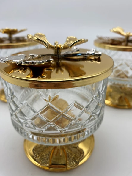 3'lü Ayaklı Gold Timeless Cam Magnolia Kasesi, Kelebek Kapaklı Dondurmalık, Şekerlik, Çerezlik - 3