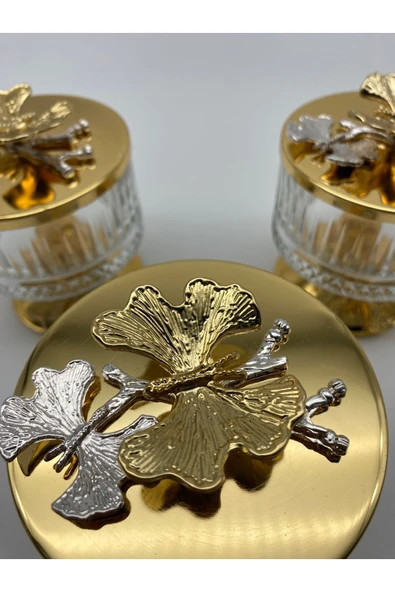 3'lü Ayaklı Gold Elysia Cam Magnolia Kasesi, Kelebek Kapaklı Dondurmalık, Şekerlik, Çerezlik - 4