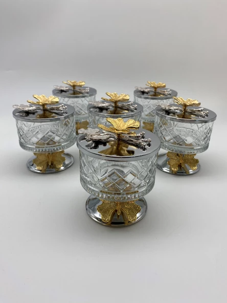 6'lı Ayaklı Gümüş Timeless Cam Magnolia Kasesi, Kelebek Kapaklı Dondurmalık, Şekerlik, Çerezlik