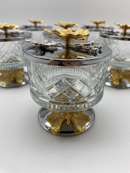 6'lı Ayaklı Gümüş Timeless Cam Magnolia Kasesi, Kelebek Kapaklı Dondurmalık, Şekerlik, Çerezlik - 3