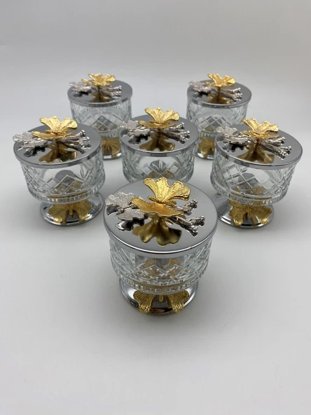 6'lı Ayaklı Gümüş Timeless Cam Magnolia Kasesi, Kelebek Kapaklı Dondurmalık, Şekerlik, Çerezlik - 4