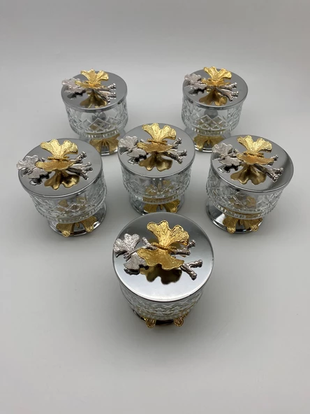 6'lı Ayaklı Gümüş Timeless Cam Magnolia Kasesi, Kelebek Kapaklı Dondurmalık, Şekerlik, Çerezlik - 2