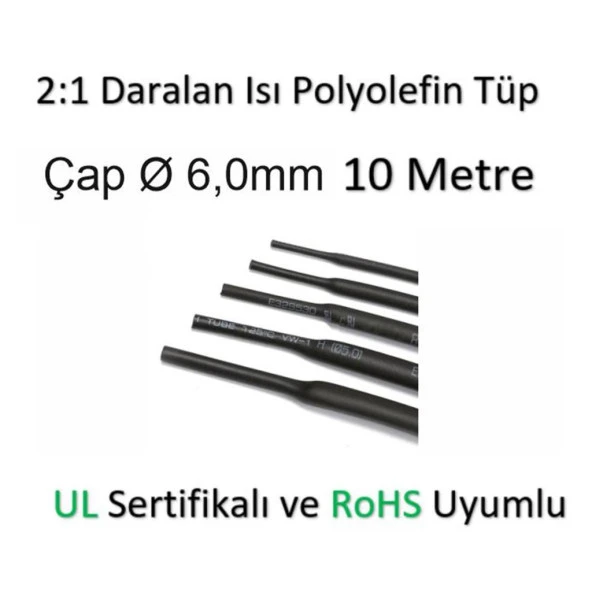 Polyolefin Isı Shrink Tüp 2:1 Daralan Makaron Boru Çap Ø6,0mm 10 x 1 Metre