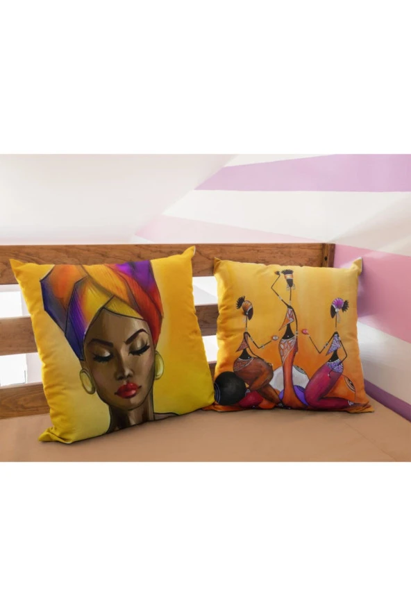 Afrikalı Kızlar Temalı 2 Li Kırlent Kılıfı Seti