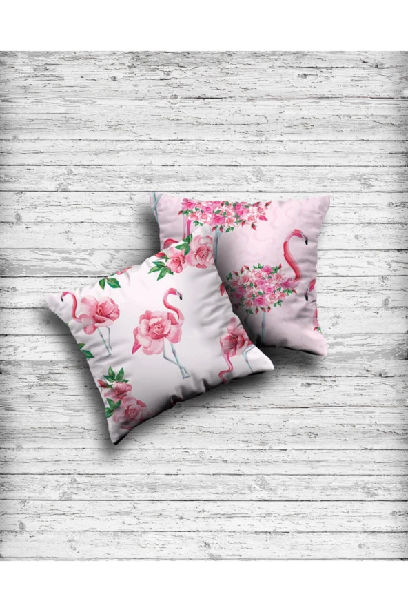 Çift Tarafı Baskılı Flamingo Temalı 2 Li Yastık Kırlent Kılıfı