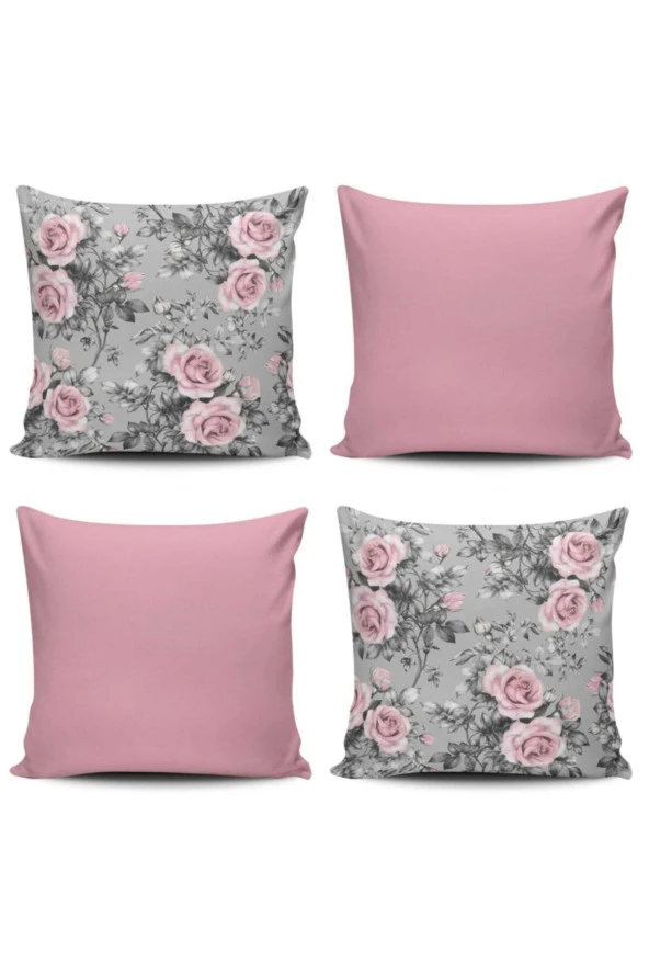 Pembe Güller Modern 4 Lü Kombin Kırlent Kılıfı