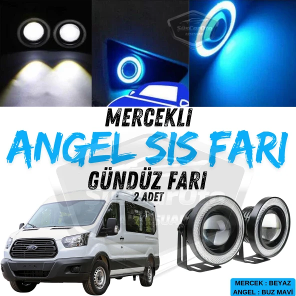 Ford Transit Tüm Modeller Uyumlu Üniversal Mercekli Angel Sis Farı Metal Su Geçirmez 76 mm Buz Mavi Halkalı Gündüz Farı Angel Eyes 2 Adet