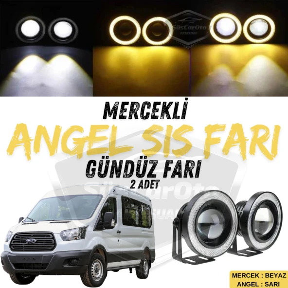 Ford Transit Tüm Modeller Uyumlu Üniversal Mercekli Angel Sis Farı Metal Su Geçirmez 76 mm Sarı Halkalı Gündüz Farı Angel Eyes 2 Adet