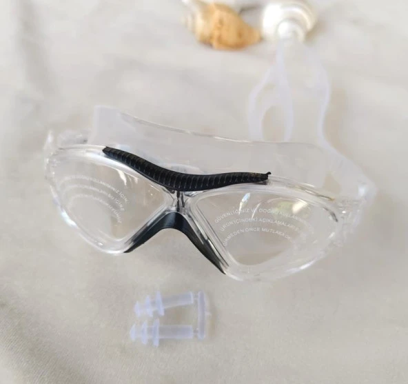 Deniz Gözlüğü Silikon Burun Tıkaçlı Kutulu Sörf Yüzücü Gözlüğü Şeffaf Siyah - 8