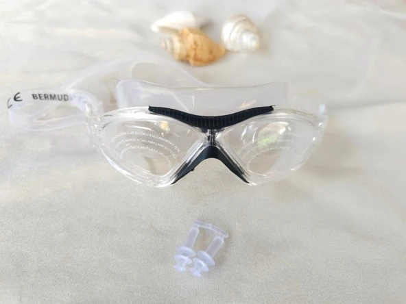 Deniz Gözlüğü Silikon Burun Tıkaçlı Kutulu Sörf Yüzücü Gözlüğü Şeffaf Siyah - 9