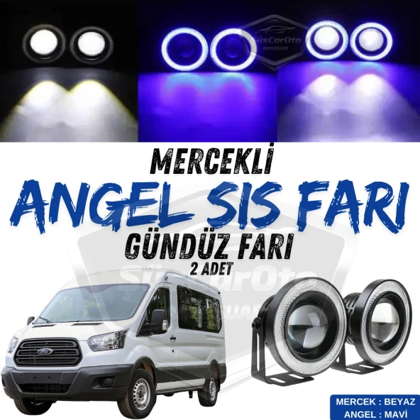 Ford Transit Tüm Modeller Uyumlu Üniversal Mercekli Angel Sis Farı Metal Su Geçirmez 76 mm Mavi Halkalı Gündüz Farı Angel Eyes 2 Adet