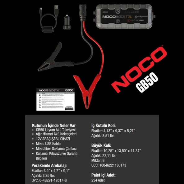 Noco Boost XL GB50 12V 1500 Amper Lityum Akü Takviye + Powerbank + Led Lamba + Eva Çanta - 11