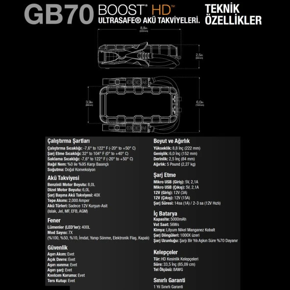Noco Boost HD GB70 12V 2000 Amper Lityum Akü Takviye + Powerbank + Led Lamba - 10