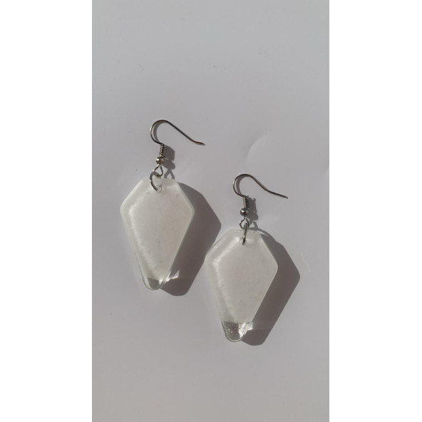 Beşgen Şekilli Beyaz Renkli Ebruli Gece Yeşil Neon Olan Parlak Küpe Epoksi El Yapımı Hediyelik - Resim 5