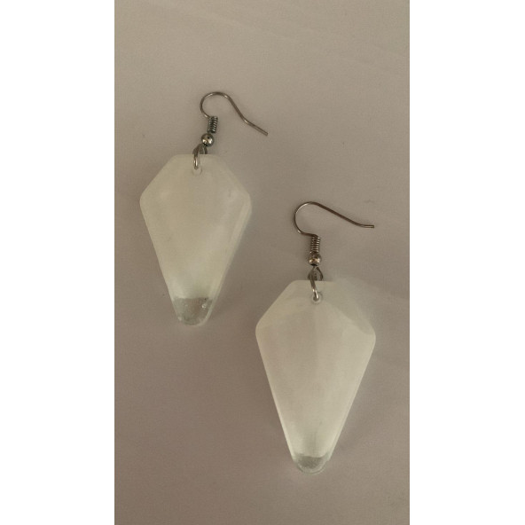 Beşgen Şekilli Beyaz Renkli Ebruli Gece Yeşil Neon Olan Parlak Küpe Epoksi El Yapımı Hediyelik - Resim 7