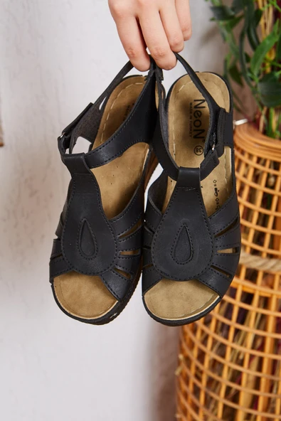 Albishoes Kadın Dolgu Yüksek Topuk 8 cm Yumuşak Rahat Taban Günlük Cırtlı Kadın Sandalet Terlik - 4