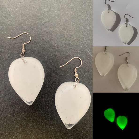 Damla Şekilli Beyaz Renkli Ebruli Gece Yeşil Neon Olan Parlak Küpe Epoksi El Yapımı Hediyelik - Resim 3