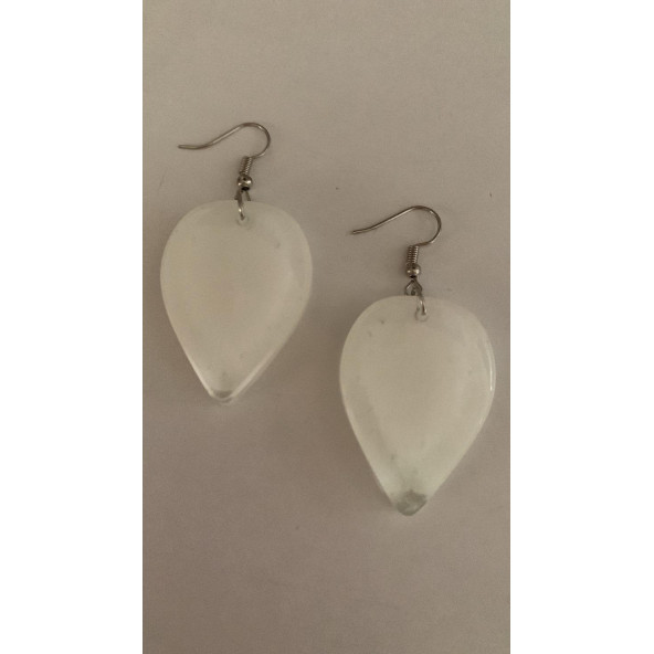 Damla Şekilli Beyaz Renkli Ebruli Gece Yeşil Neon Olan Parlak Küpe Epoksi El Yapımı Hediyelik - Resim 6