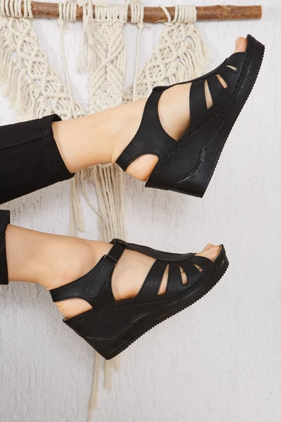 Albishoes Kadın Dolgu Yüksek Topuk 8 cm Yumuşak Rahat Taban Günlük Cırtlı Kadın Sandalet Terlik - 5