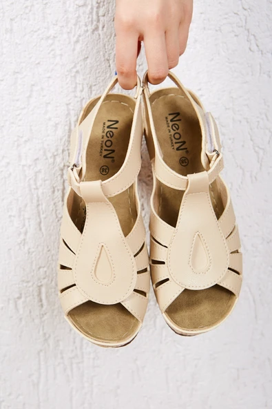 Albishoes Kadın Dolgu Yüksek Topuk 8 cm Yumuşak Rahat Taban Günlük Cırtlı Kadın Sandalet Terlik - 7