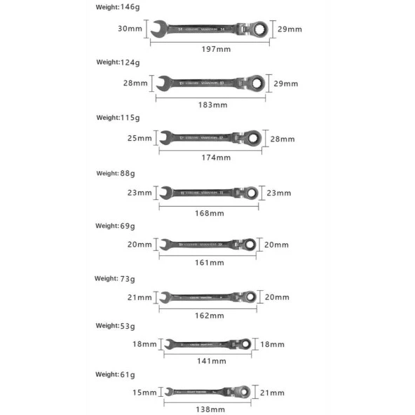 Esnek Cırcır Anahtar 14 Set Açık Uç ve Halka 6-19mm Krom Vanadyum - 11