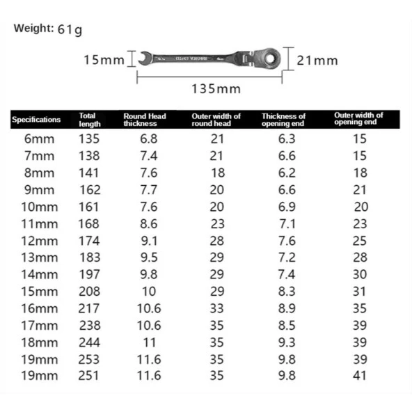 Esnek Cırcır Anahtar 14 Set Açık Uç ve Halka 6-19mm Krom Vanadyum - 12