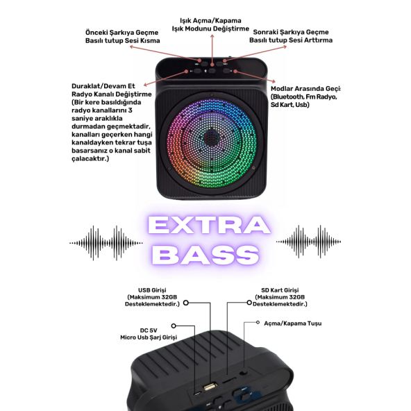QASUL RGB Işıklı Taşınabilir Bluetooth Hoparlör Fm Radyo/SD Kart/Usb/Bluetooth Speaker Extra Bass - 3