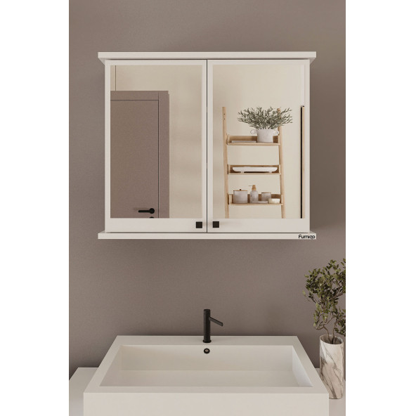 Furniqo AD-1 Banyo Dolabı, 2 Kapaklı Beyaz Lavabo Üstü Aynalı Banyo Dolabı, Çok Amaçlı Dolap