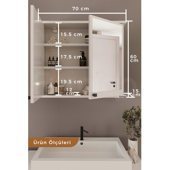 Furniqo AD-1 Banyo Dolabı, 2 Kapaklı Beyaz Lavabo Üstü Aynalı Banyo Dolabı, Çok Amaçlı Dolap - 3
