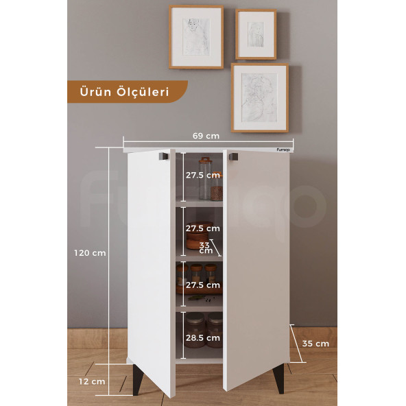 Furniqo CD-1 Çok Amaçlı Dolap, Kiler Dolabı, Banyo Dolabı, Mutfak Dolabı, 2 Kapaklı Beyaz Dolap - 4