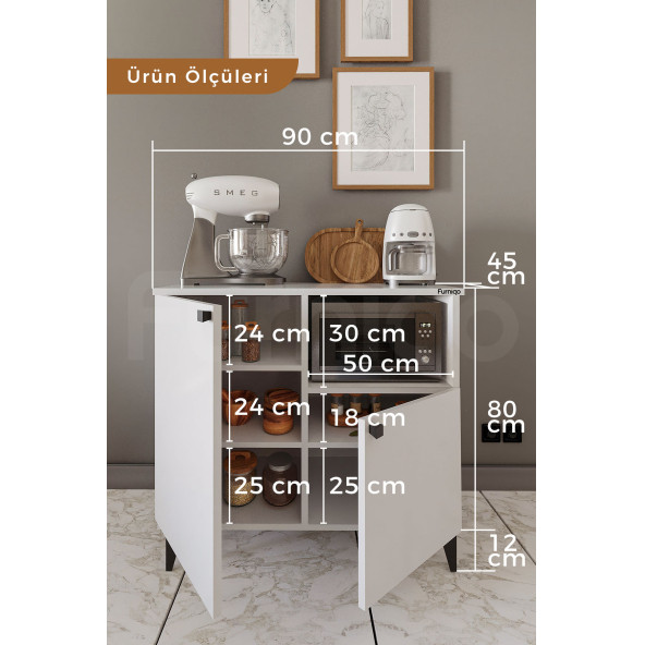 Furniqo KK-1 Kahve Köşesi Çok Amaçlı Mutfak Dolabı, Mikrodalga Dolabı, 2 Kapaklı Beyaz Mutfak Bango - 3
