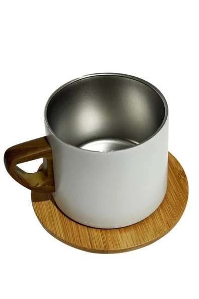 Yeni  Model Paslanmaz Çelik Termos Bardak Bambu Kapak ve Bardak Altlığı  Ofis, Ev ,Kamp Parti İdeal - 4