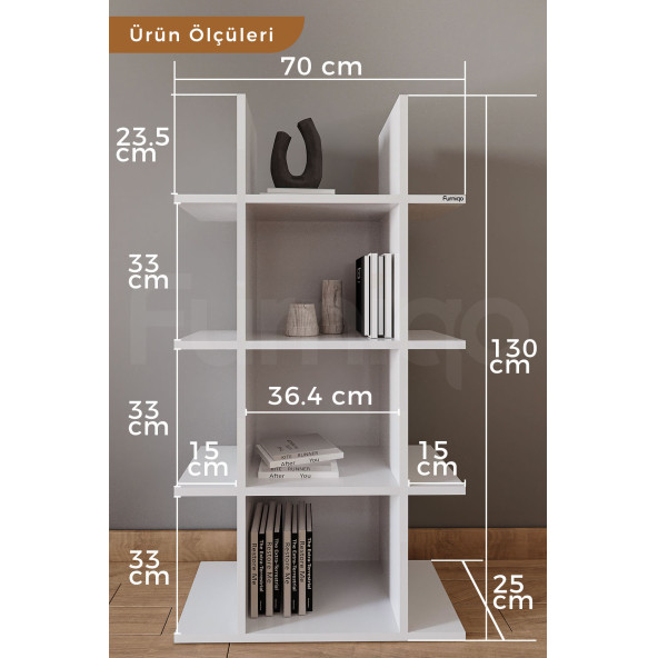 Furniqo Kt-1 Dekoratif Kitaplık, Raf Düzenleyici, Kitap Rafı, Beyaz 70x25x130 Cm Kitaplık - 2