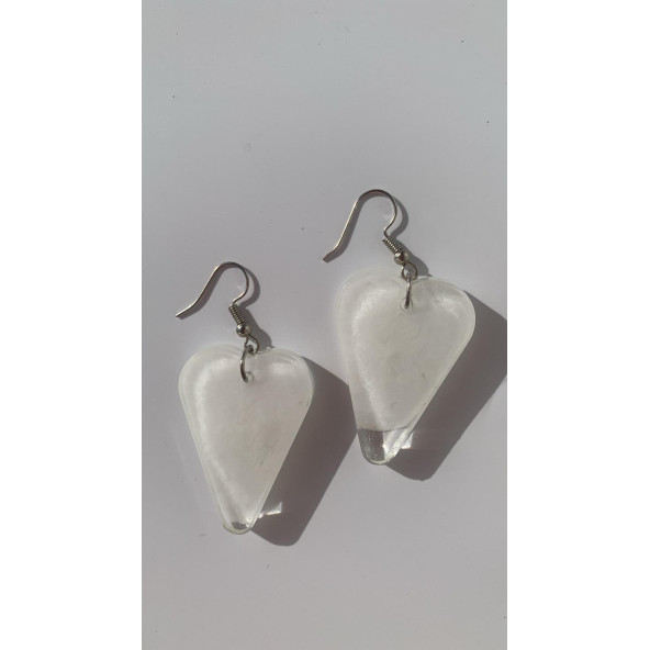 Kalp Şekilli Beyaz Renkli Ebruli Gece Yeşil Neon Olan Parlak Küpe Epoksi El Yapımı Hediyelik - 3