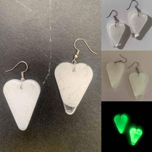 Kalp Şekilli Beyaz Renkli Ebruli Gece Yeşil Neon Olan Parlak Küpe Epoksi El Yapımı Hediyelik - 7