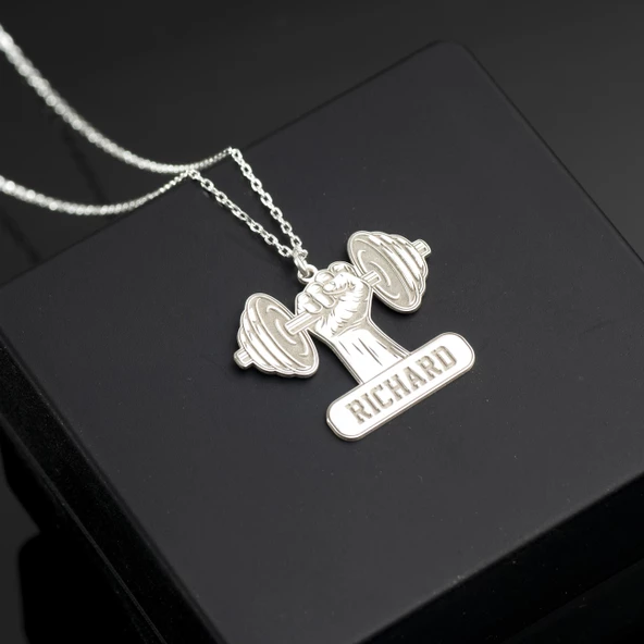 925 Ayar Gümüş Sporcu Halter İsim Kolye Özel Tasarım - Resim 2