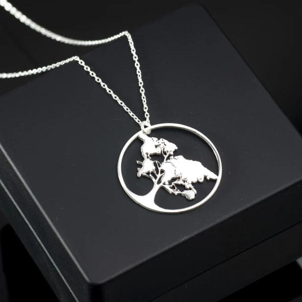 Kadın 925 Ayar Gümüş Ağaç Figürlü Yuvarlak Kolye Özel Tasarım - Resim 2