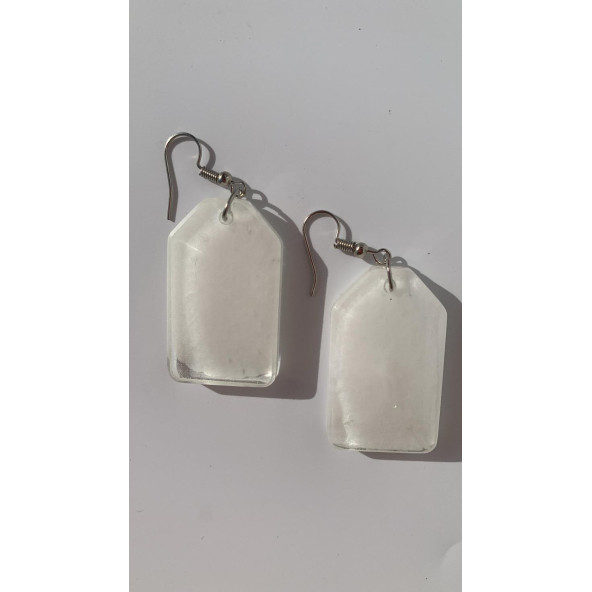 Kare Çerçeve Şekilli Beyaz Renkli Ebruli Gece Yeşil Neon Olan Parlak Küpe Epoksi El Yapımı Hediyelik ürün görseli