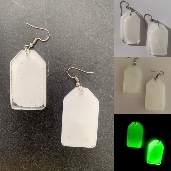 Kare Çerçeve Şekilli Beyaz Renkli Ebruli Gece Yeşil Neon Olan Parlak Küpe Epoksi El Yapımı Hediyelik - Resim 2