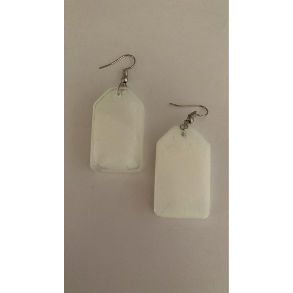 Kare Çerçeve Şekilli Beyaz Renkli Ebruli Gece Yeşil Neon Olan Parlak Küpe Epoksi El Yapımı Hediyelik - Resim 7